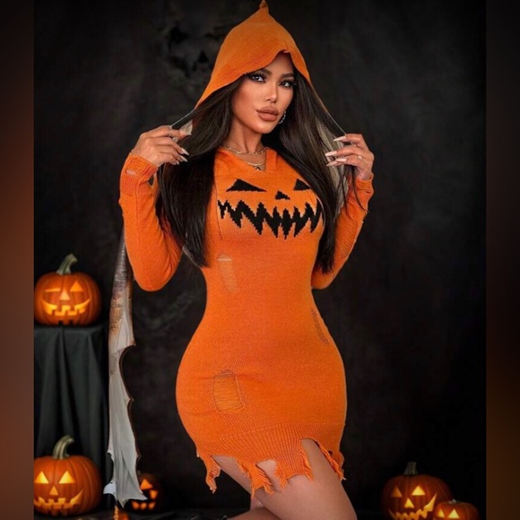 Halloween Orange Distressed Long Sleeve Sweater Dress (NIP) - Picture 1 of 2